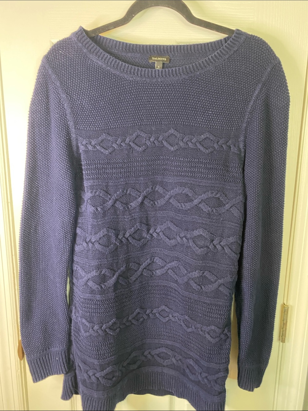 Talbots Navy Textured Cable-Knit Crewneck Sweater Size Large.